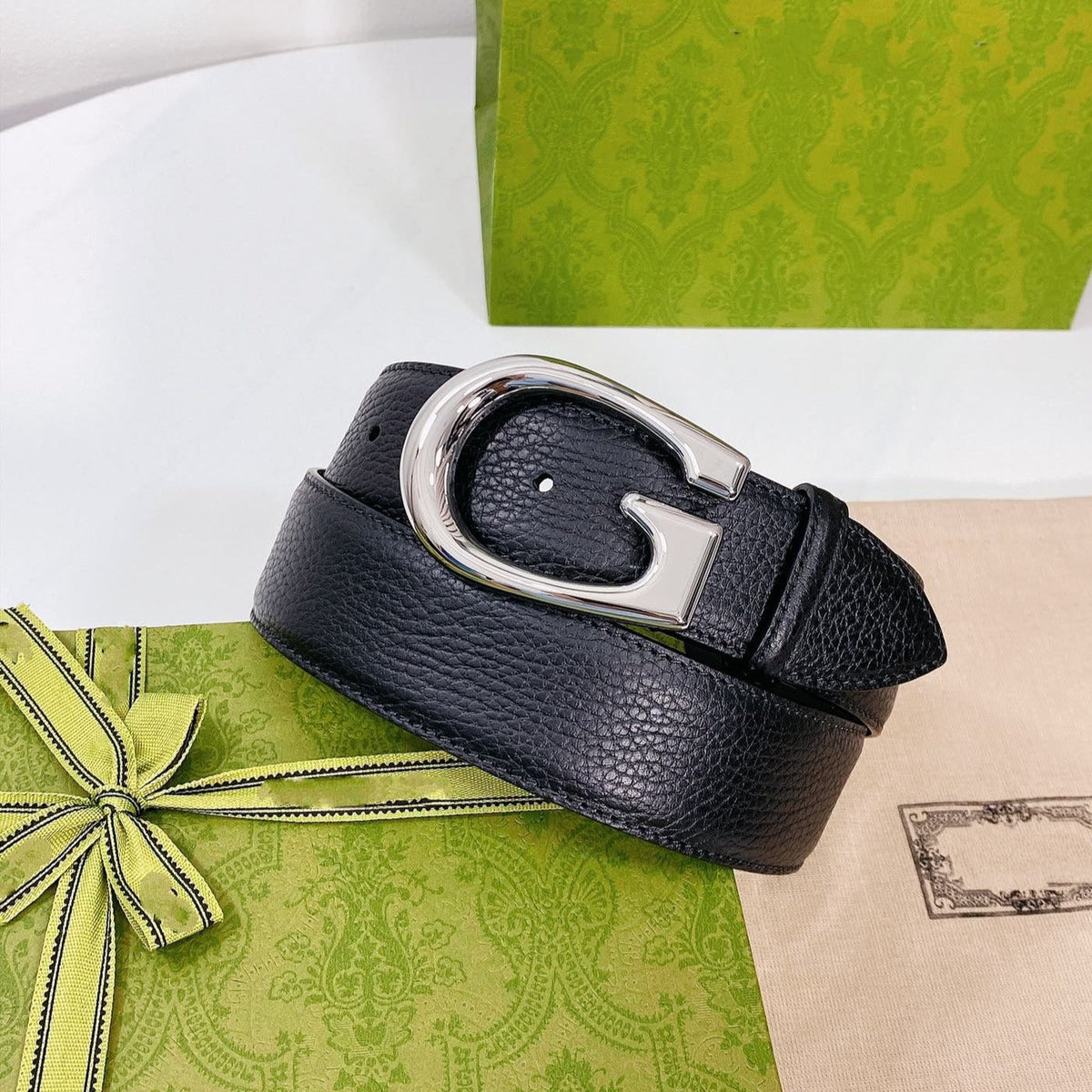 G BELT SILVER BUCKLE BLACK LEATHER 4.0CM