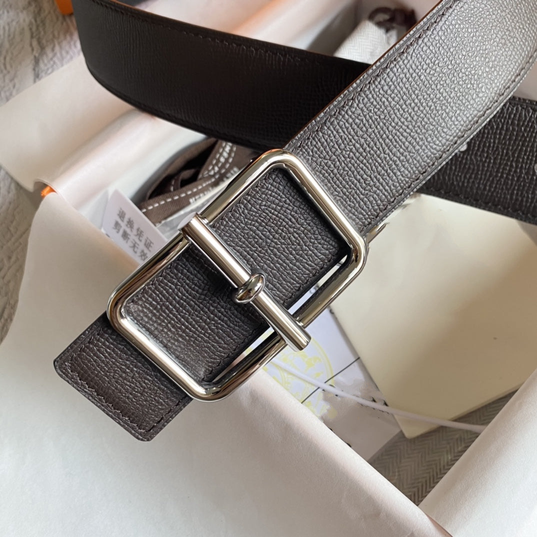 H BELT SILVER BUCKLE DARK BROWN BLACK LEATHER RIVERSIBLE 3.8CM