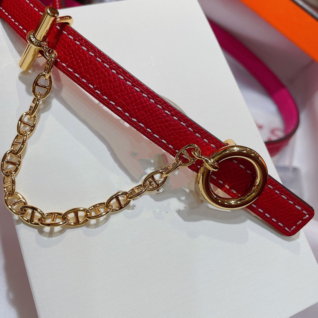 H GOLD BUCKLE WOMEN'S BELT WITH PINK RED LEATHER STRAP 1.3CM