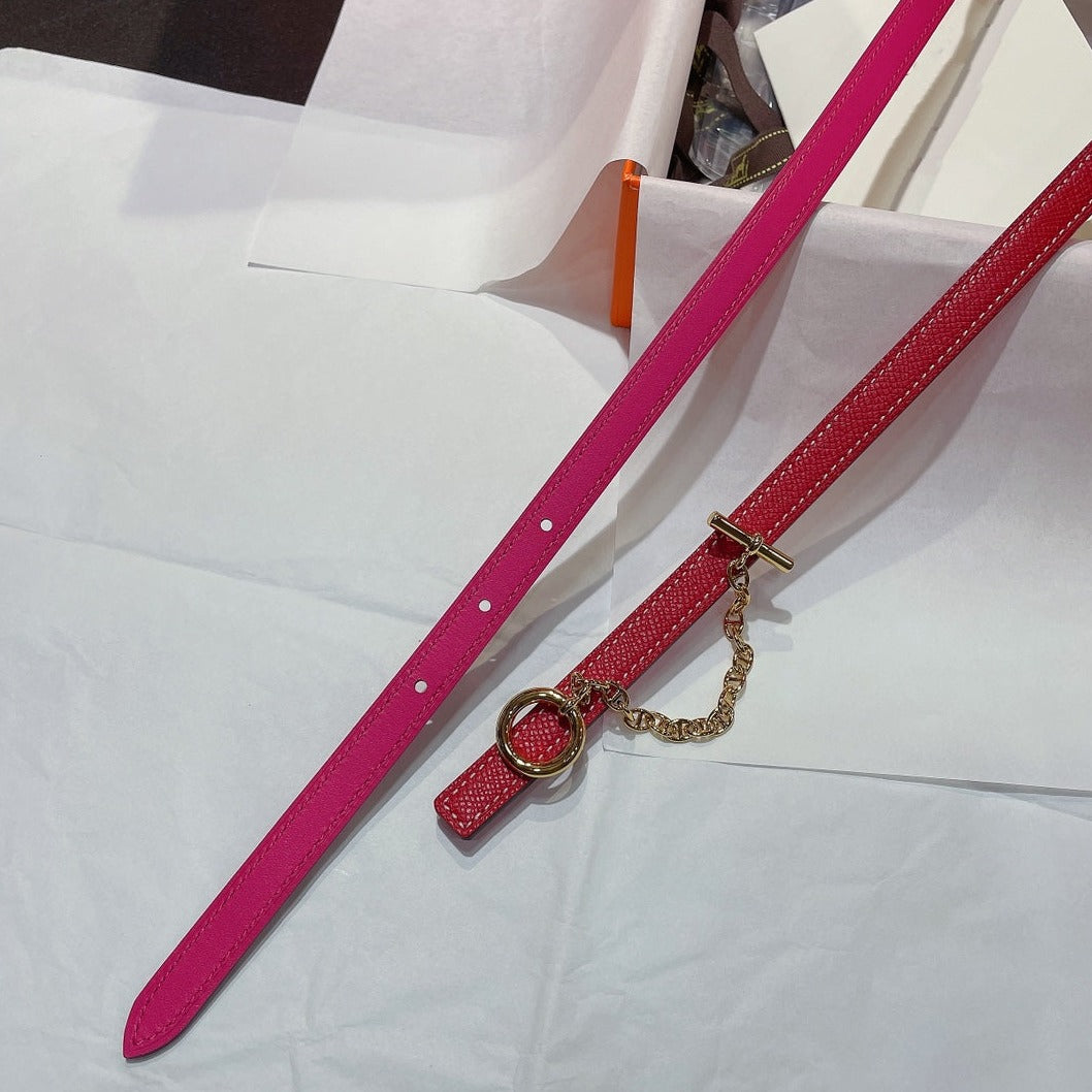 H GOLD BUCKLE WOMEN'S BELT WITH PINK RED LEATHER STRAP 1.3CM