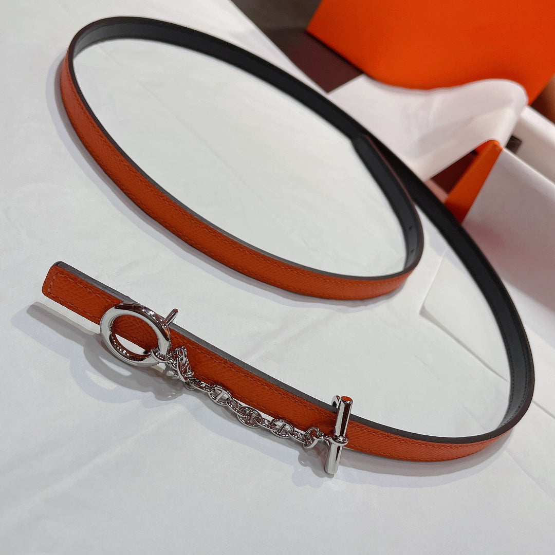H SILVER BUCKLE WOMEN'S BELT ORANGE BLACK LEATHER STRAP 1.3CM