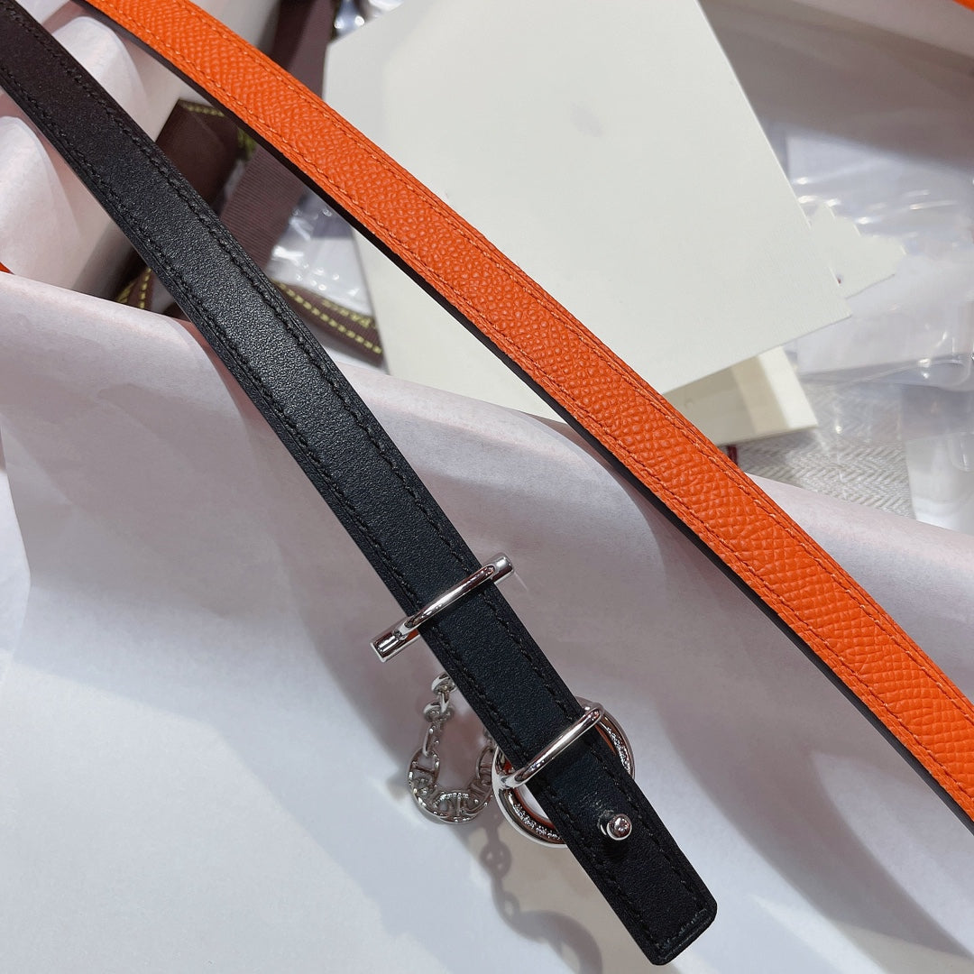 H SILVER BUCKLE WOMEN'S BELT ORANGE BLACK LEATHER STRAP 1.3CM