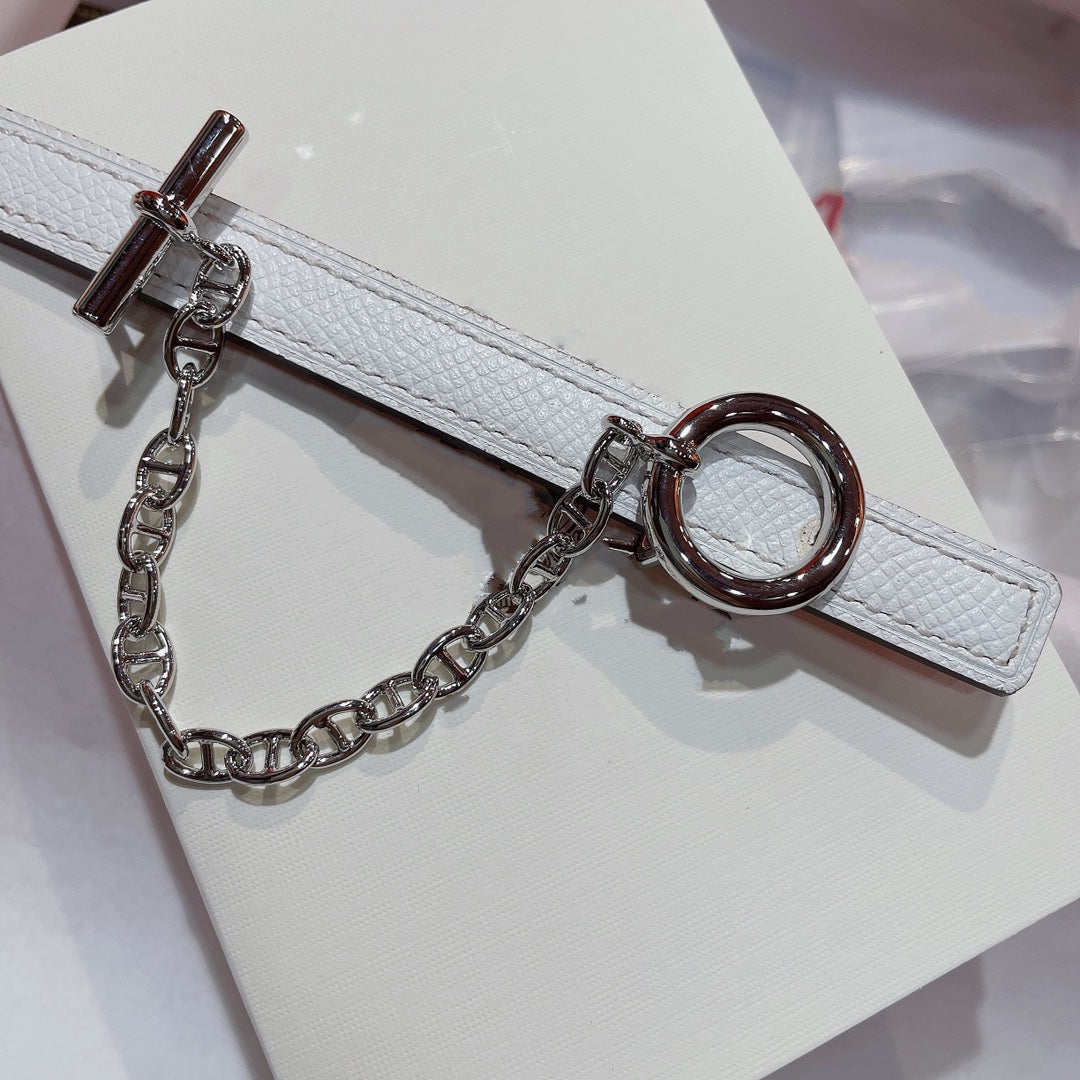 H SILVER BUCKLE WOMEN'S BELT WHITE RED LEATHER STRAP 1.3CM