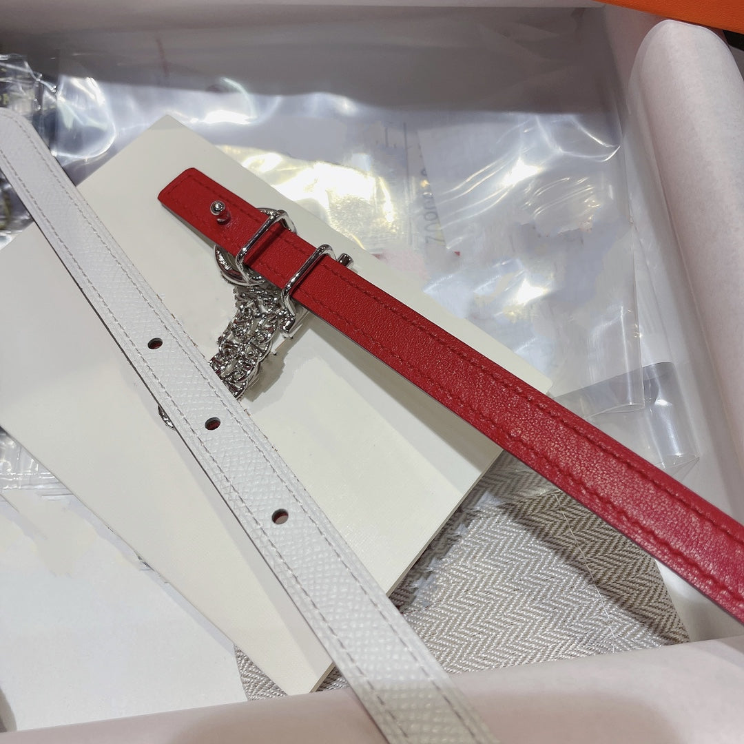 H SILVER BUCKLE WOMEN'S BELT WHITE RED LEATHER STRAP 1.3CM