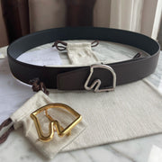 H BELT HORSE BUCKLE DARK BROWN BLACK LEATHER REVERSIBLE  3.8CM