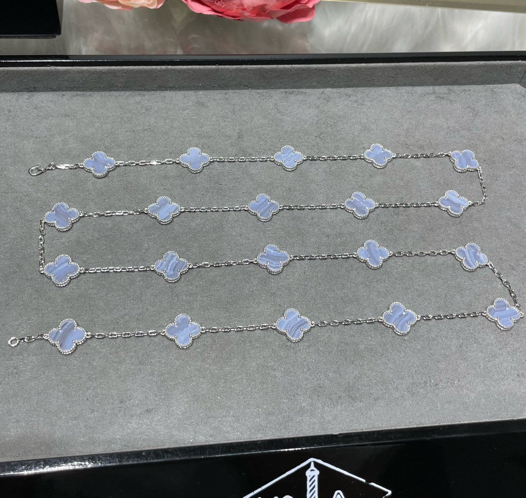 CLOVER 20 MOTIF CHALCEDONY 86CM SILVER NECKLACE