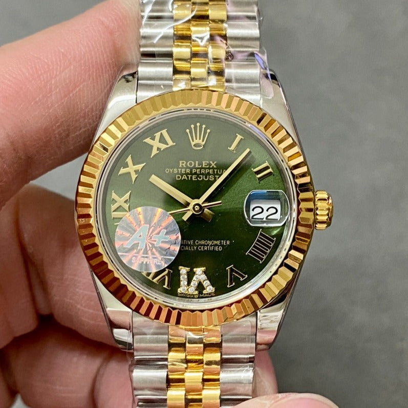 DATEJUST 31MM GOLD STEEL DIAMOND NUMERALS GREEN DIAL