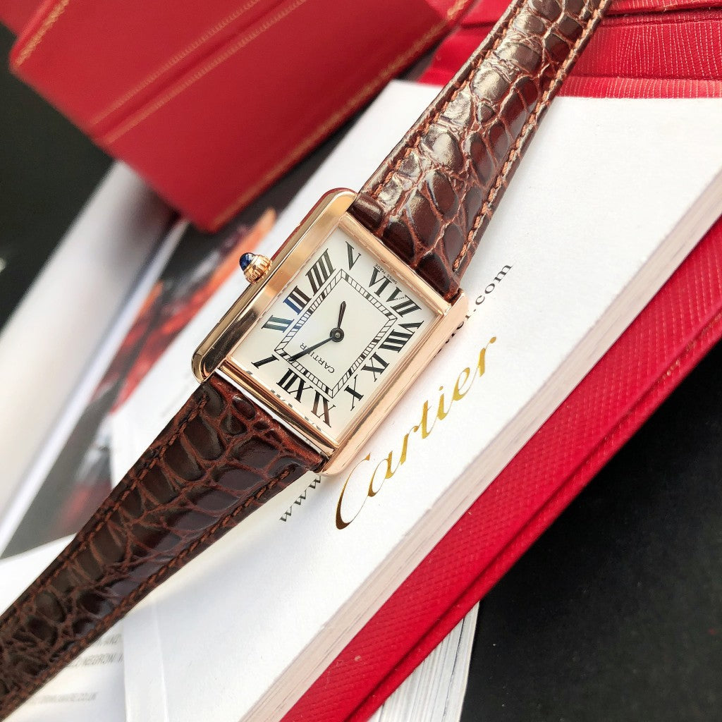 TANK SOLO QUARTZ PINK GOLD CASE BROWN LEATHER
