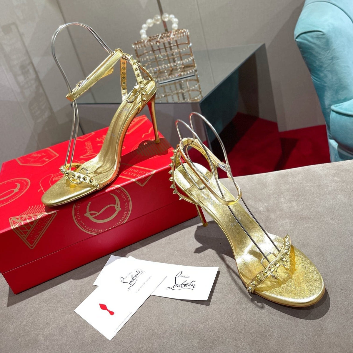 CL Spiked Strap Sandals 100mm Gold Leather 346013