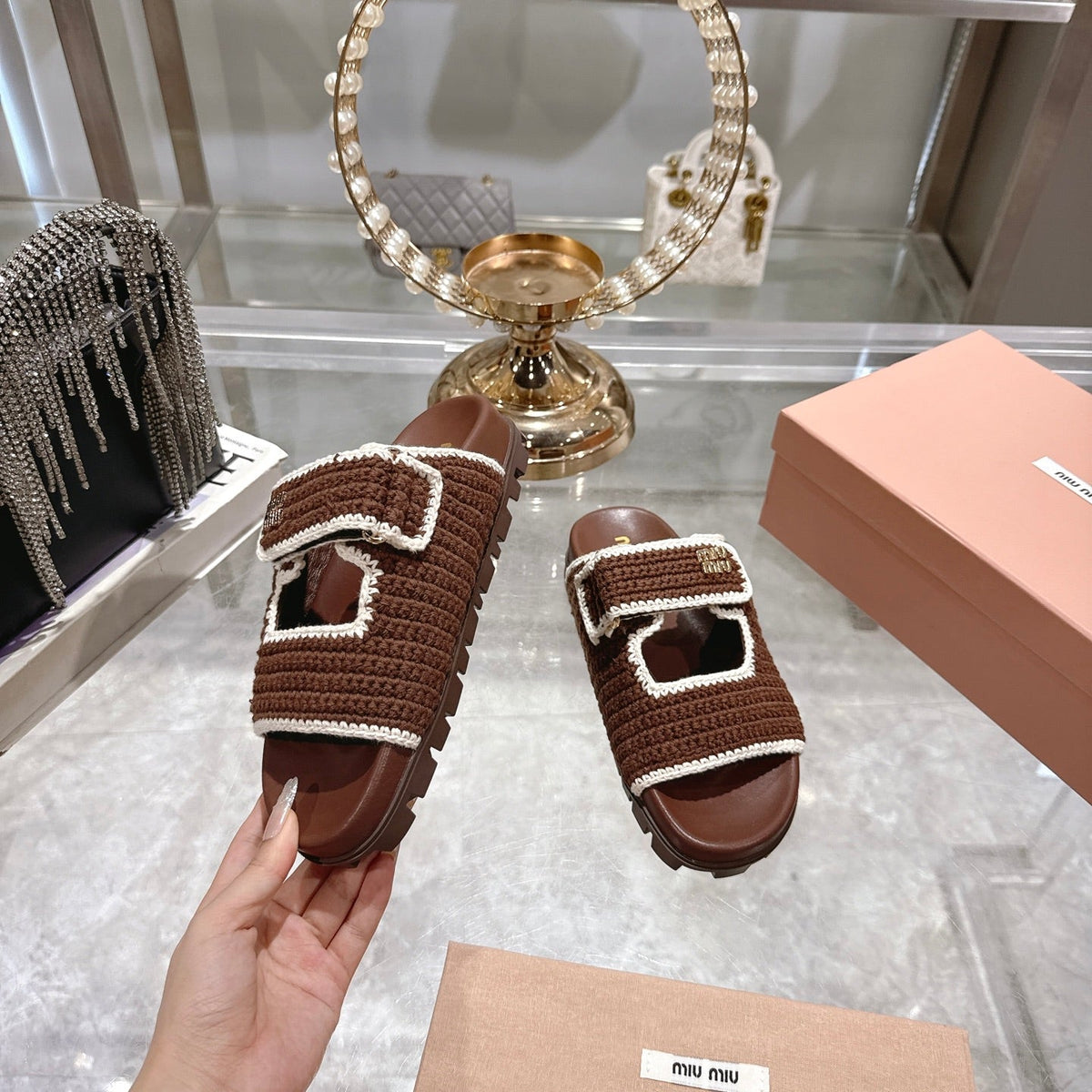 Miumiu 25 Sandal Brown Woven Sheepskin 174741