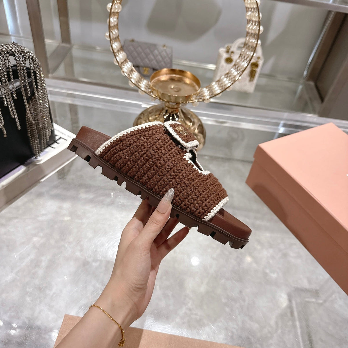 Miumiu 25 Sandal Brown Woven Sheepskin 174741