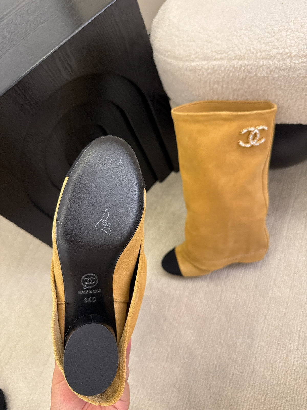 Chanel High Boot Beige Black Suede Leather 175157