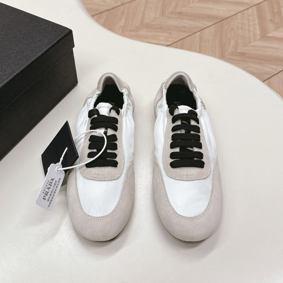 Prada Collapse Stretch Sneakers White mix Gray Recycled Nylon and Suede  154632