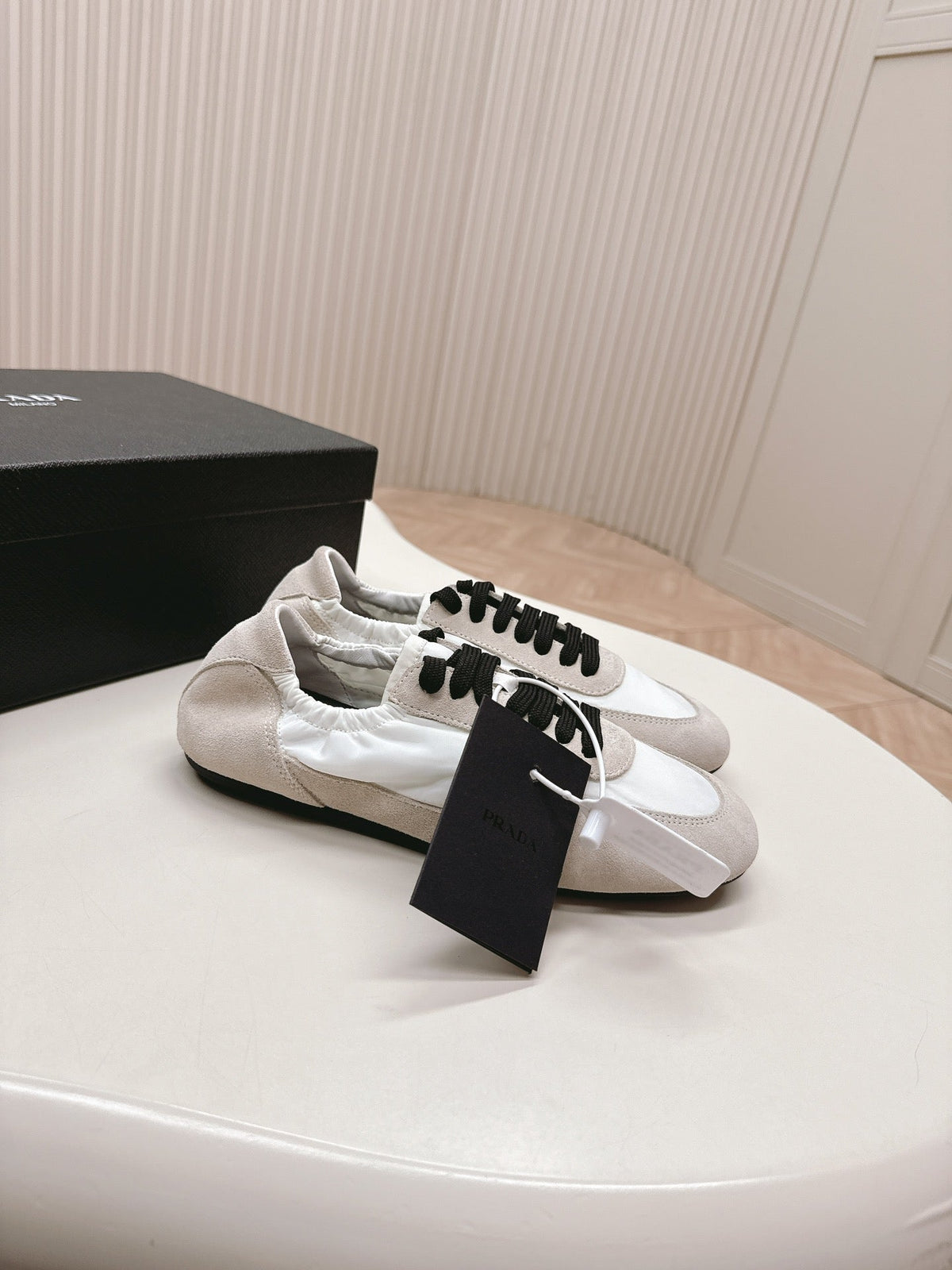 Prada Collapse Stretch Sneakers White mix Gray Recycled Nylon and Suede  154632