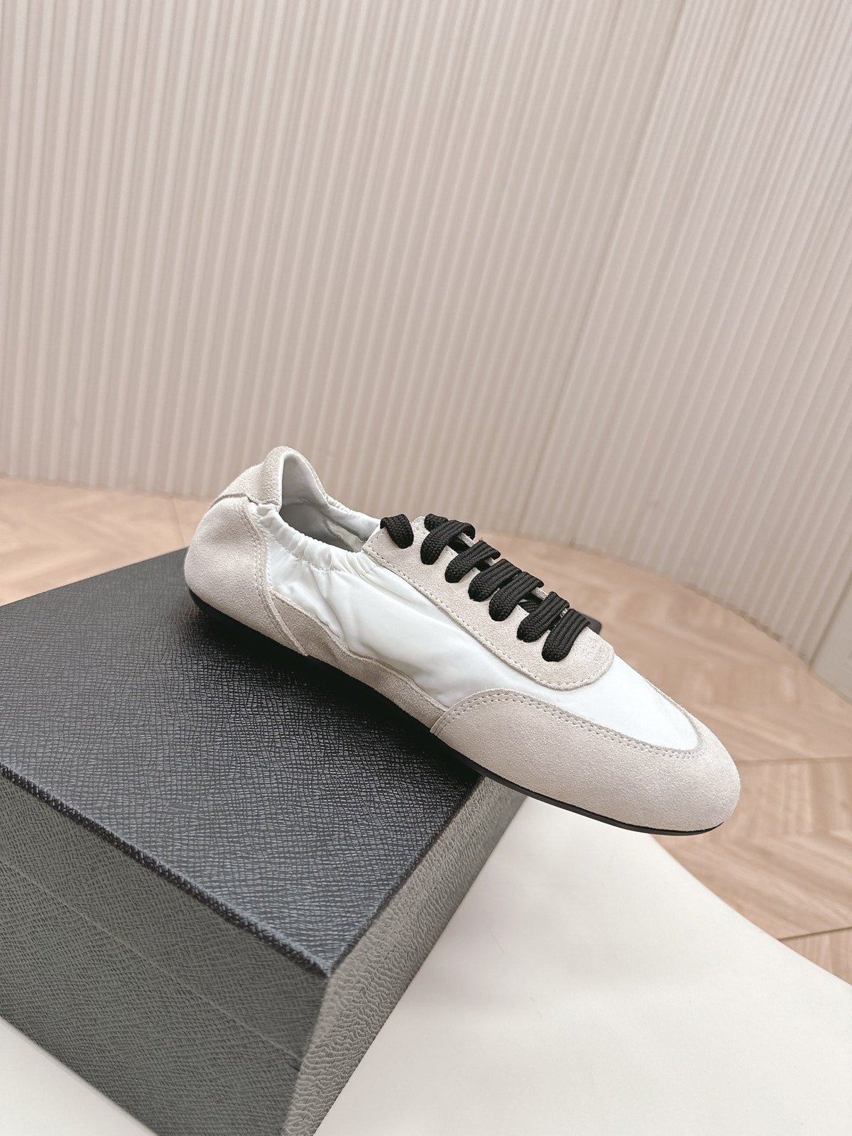 Prada Collapse Stretch Sneakers White mix Gray Recycled Nylon and Suede  154632