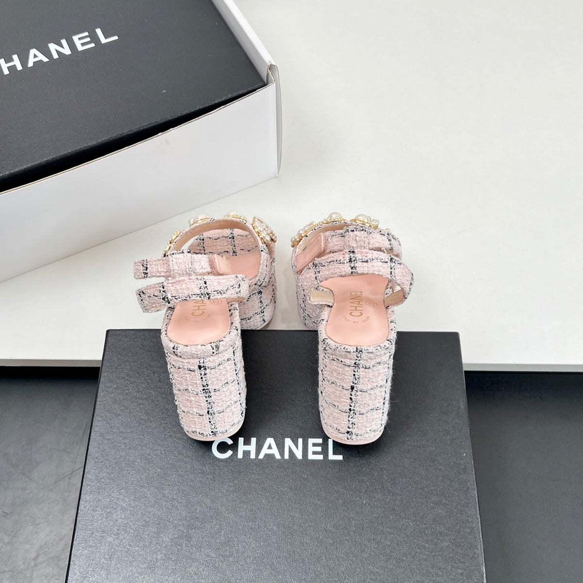 Chanel 25P High-heeled Sandals Pink Tweed Leather 175334