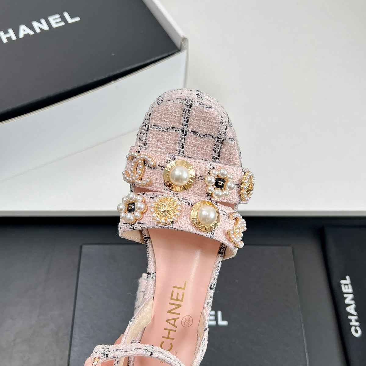Chanel 25P High-heeled Sandals Pink Tweed Leather 175334