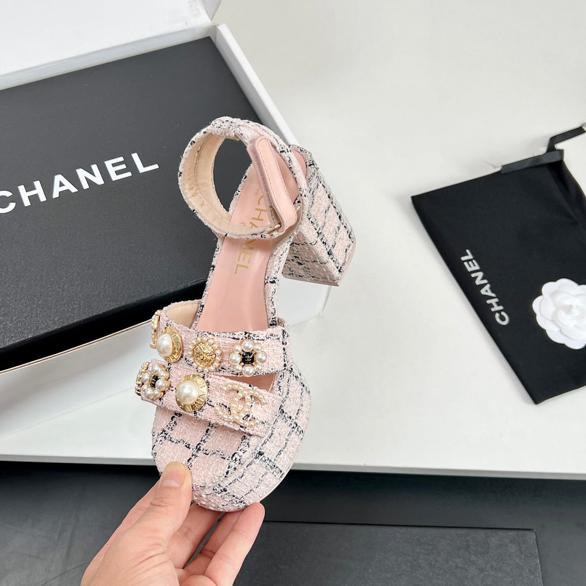 Chanel 25P High-heeled Sandals Pink Tweed Leather 175334