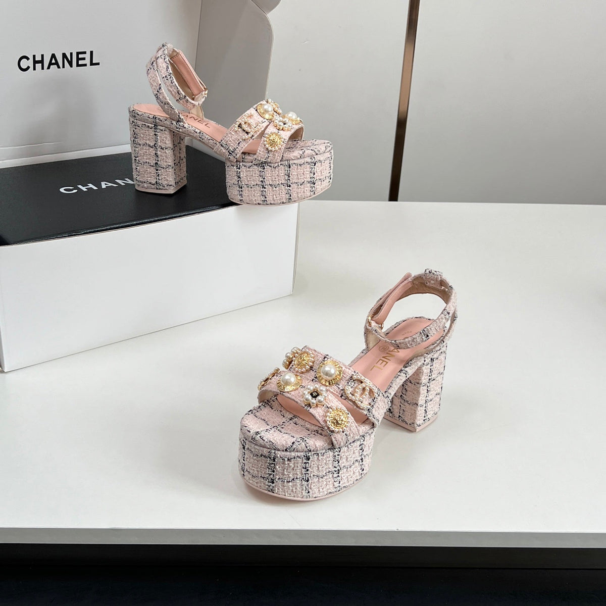 Chanel 25P High-heeled Sandals Pink Tweed Leather 175334