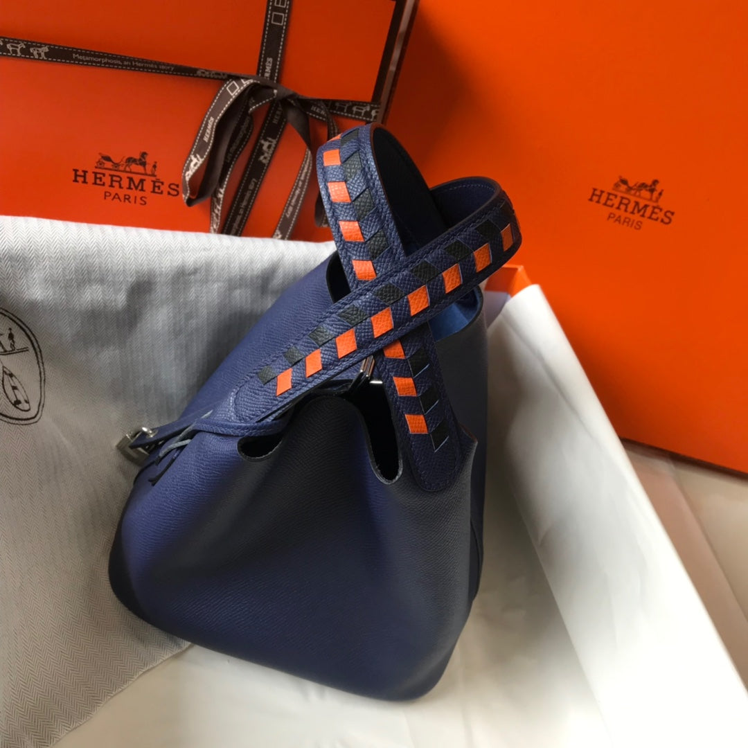 HM PICOTIN LOCK 18 NAVY EPSOM WITH BRAID STRAP