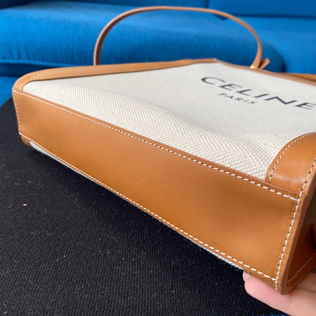 small vertical cabas 28cm beige canvas tan calfskin