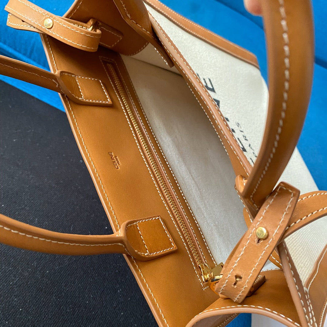 small vertical cabas 28cm beige canvas tan calfskin