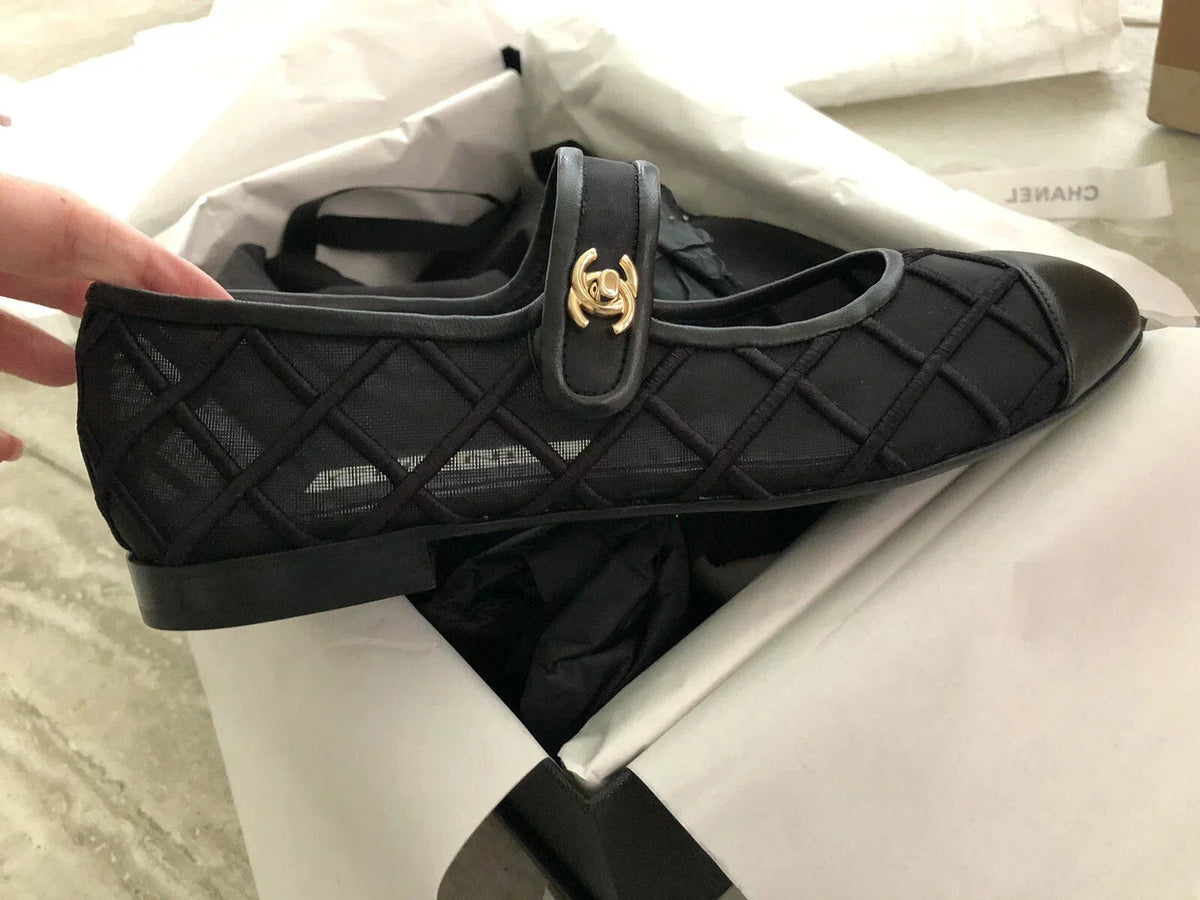 Chanel Mary Janes Flats Black Mesh Leather