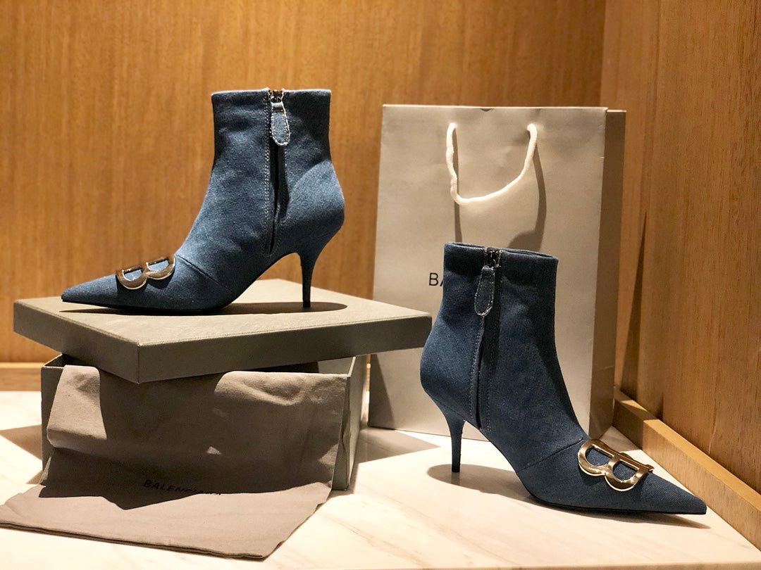 POINTED-TOE HIGH HEEL 80 MM ANKLE BOOTS IN BLUE DENIM