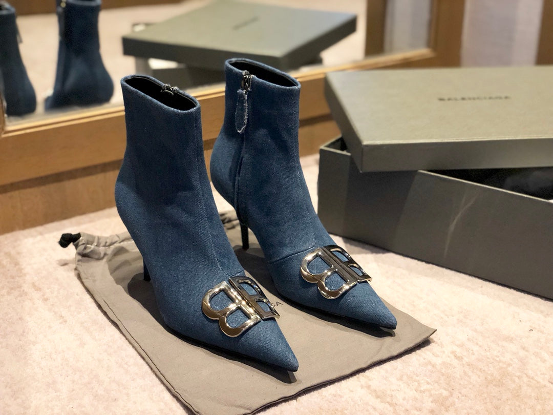 POINTED-TOE HIGH HEEL 80 MM ANKLE BOOTS IN BLUE DENIM