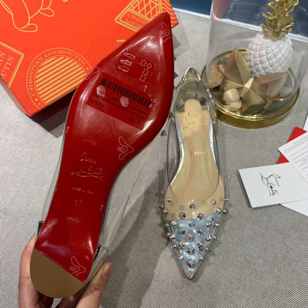CL Collaclou Spike Clear Flat Embellished Pvc and Metallic Leather Silver