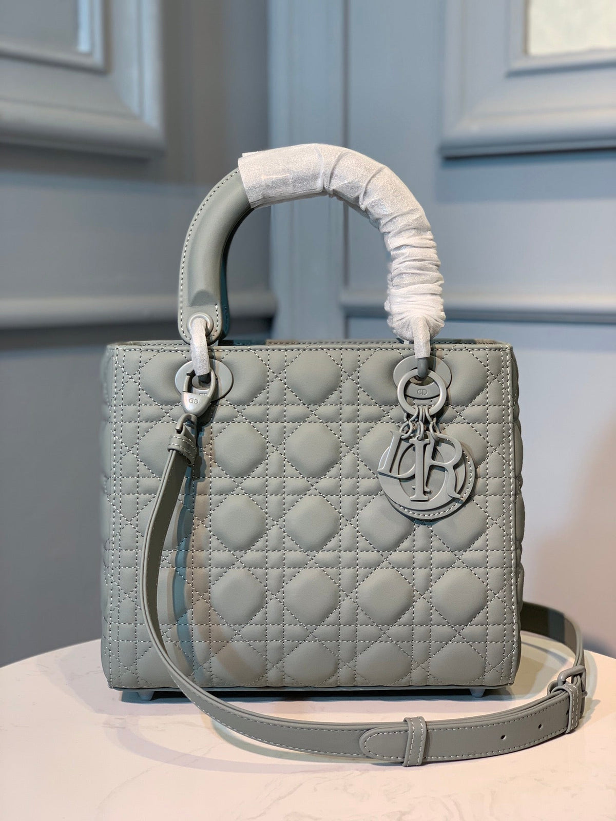 medium lady 24 matte grey calfskin matte grey hardware