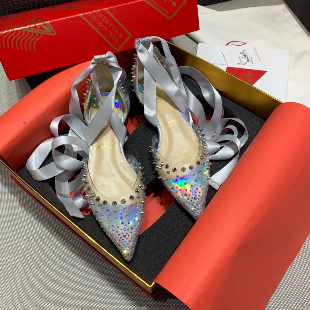 CL Mechante Reine Flats Spike Leather and PVC Silver