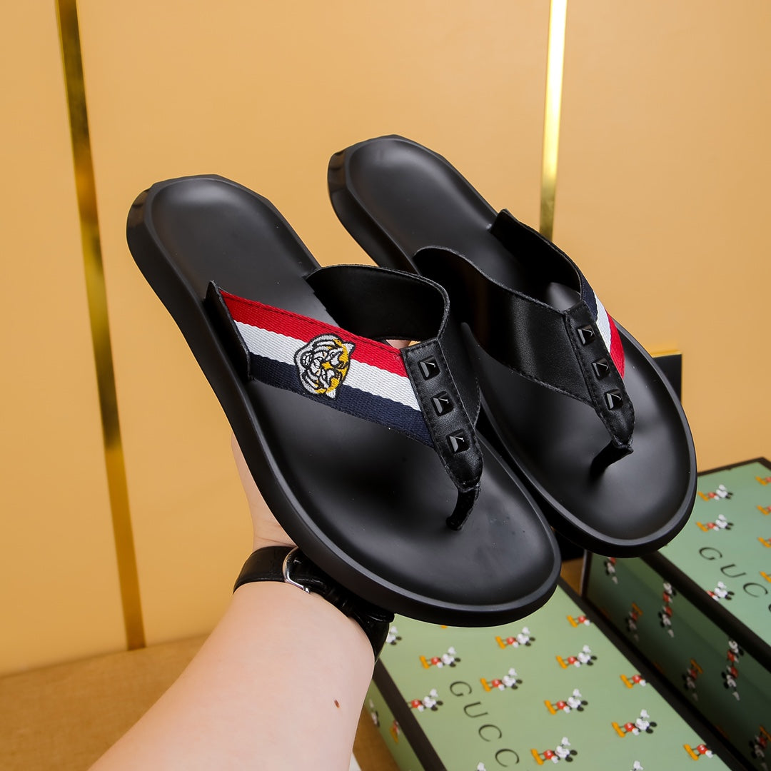 GG Men's Thong Sandals Black Cowhide 587228