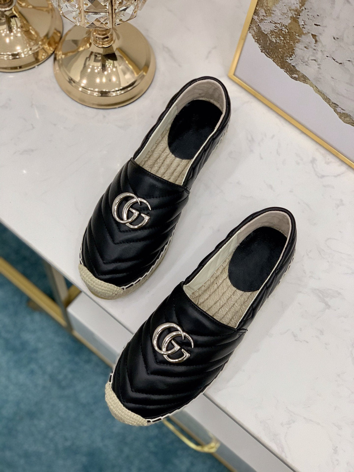 gg espadrilles black calfskin silver gg