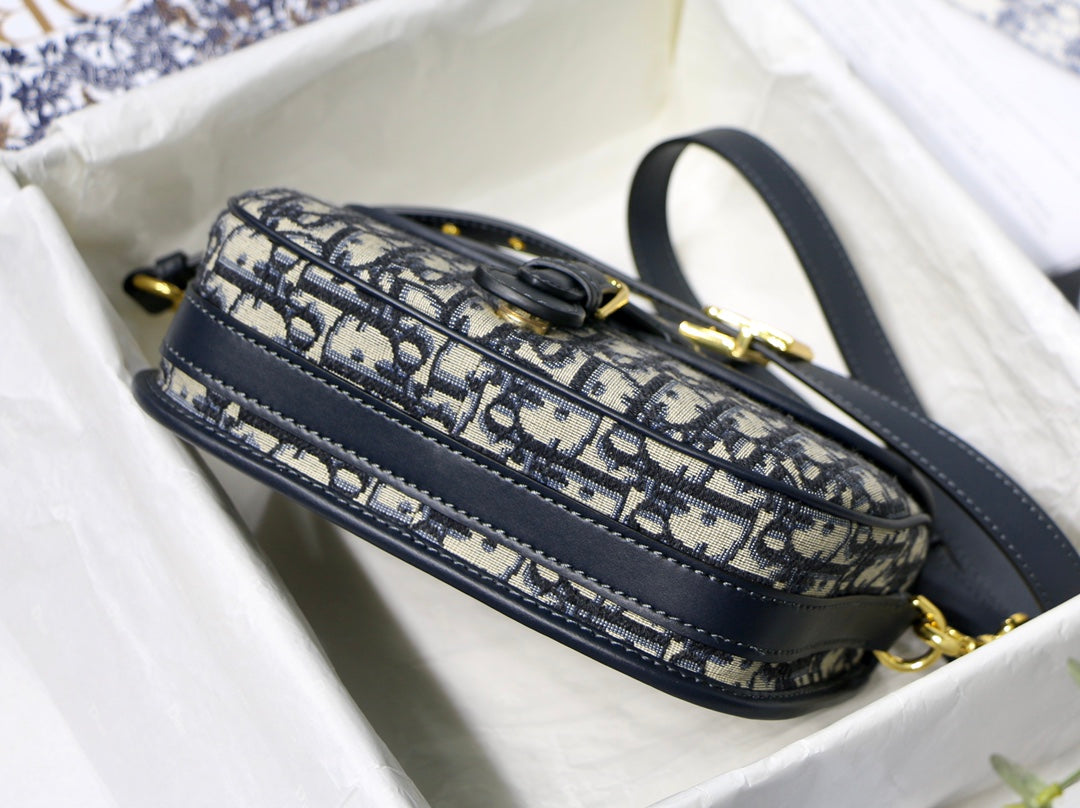 MEDIUM CD BOBBY 22CM BLUE OBLIQUE EMBROIDEDERED CANVAS GOLD HARDWARE