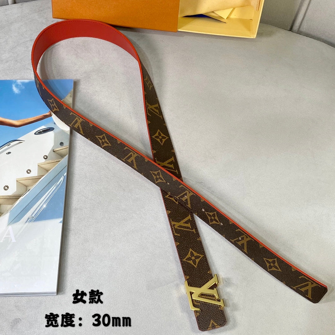 LV INITIALES 30 MM REVERSIBLE BELT IN BROWN MONOGRAM AND CHERRY RED CALFSKIN GOLD HARDWARE