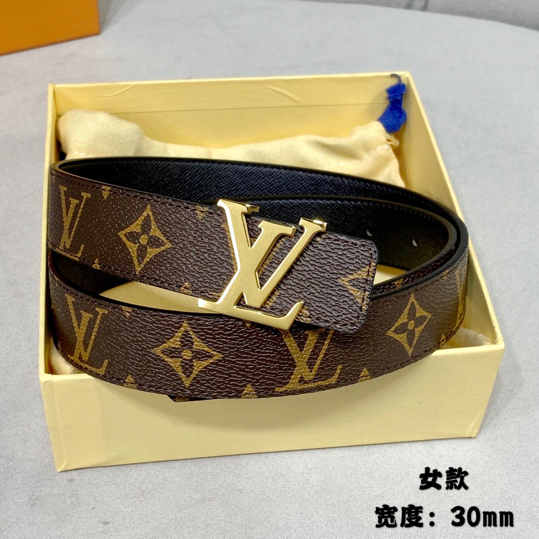 LV INITIALES 30 MM REVERSIBLE BELT IN BROWN MONOGRAM AND BLACK CALFSKIN GOLD HARDWARE