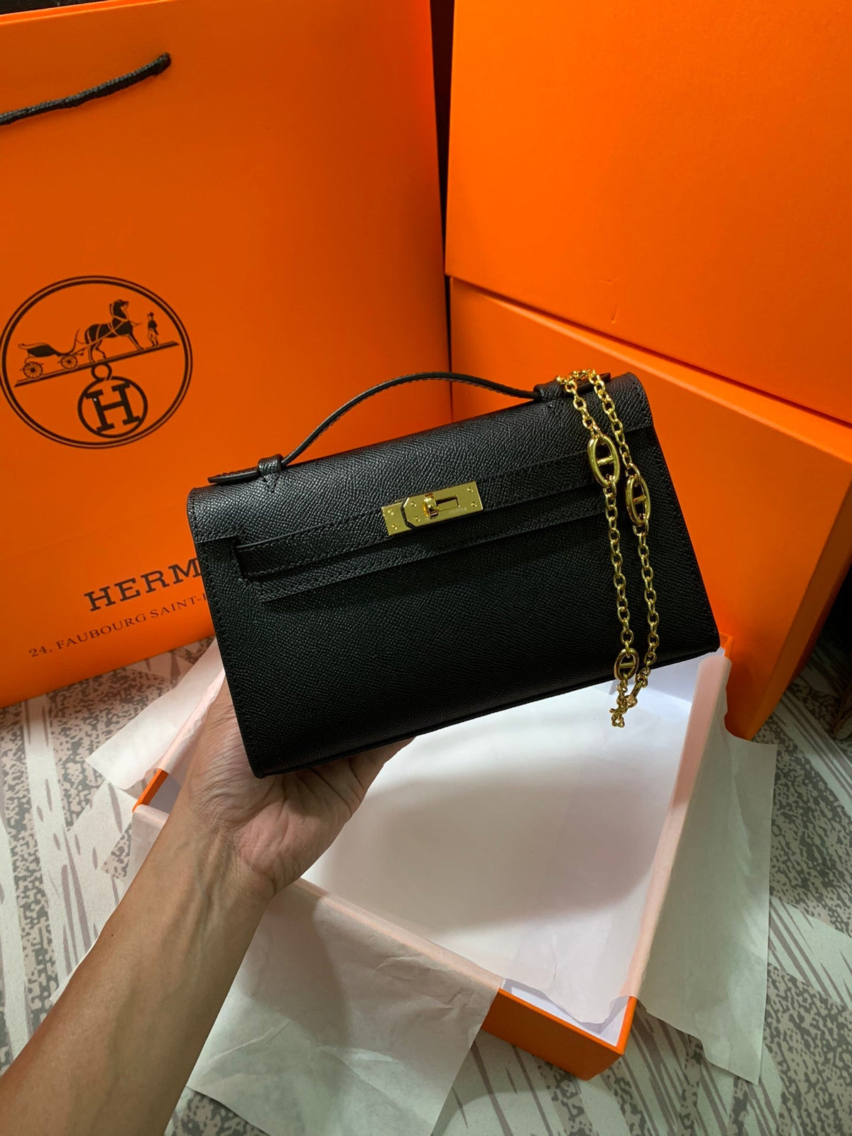 HM KELLY MINI POCHETTE 22 BLACK EPSOM