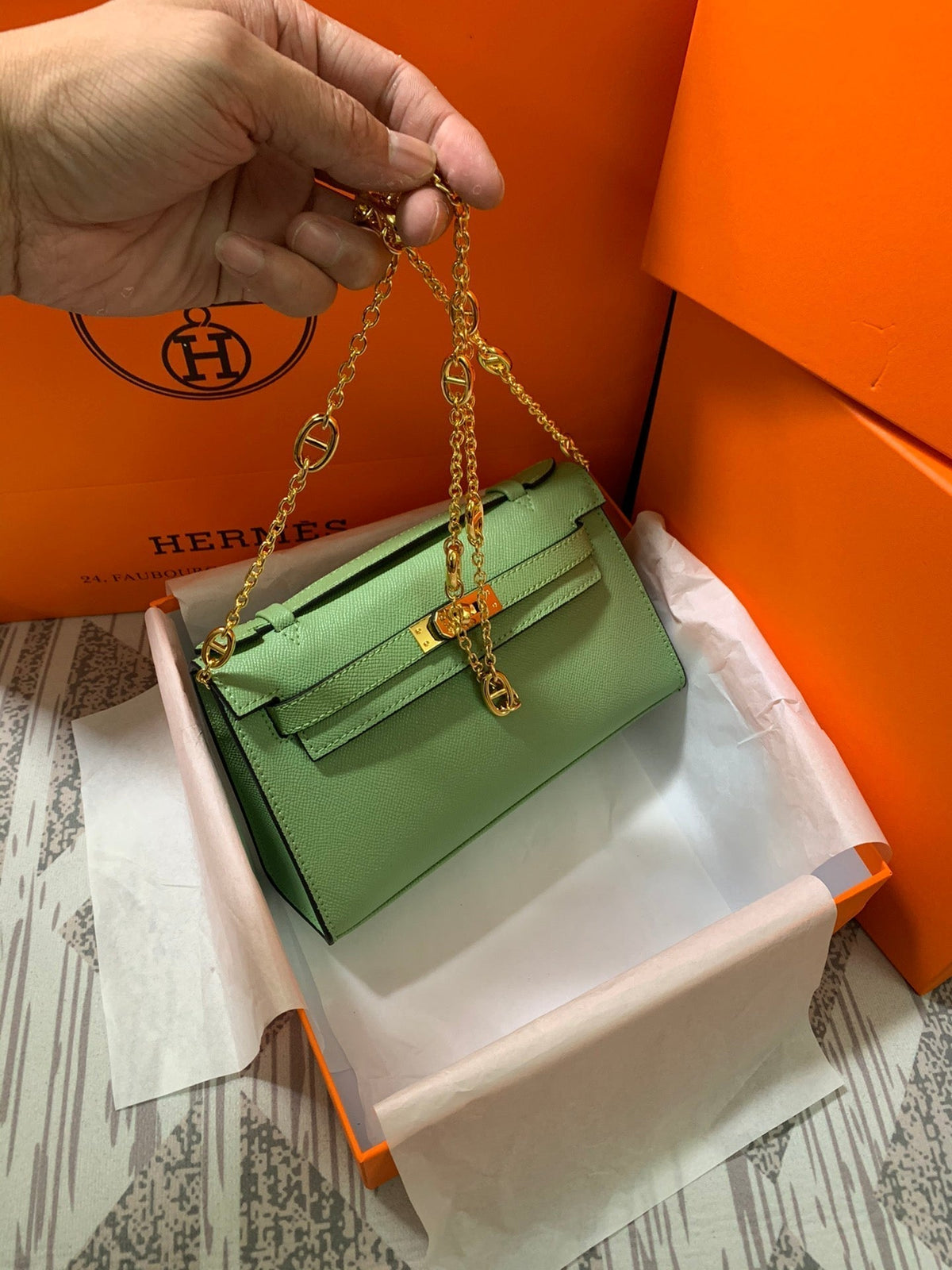 HM KELLY MINI POCHETTE 22 GREEN EPSOM
