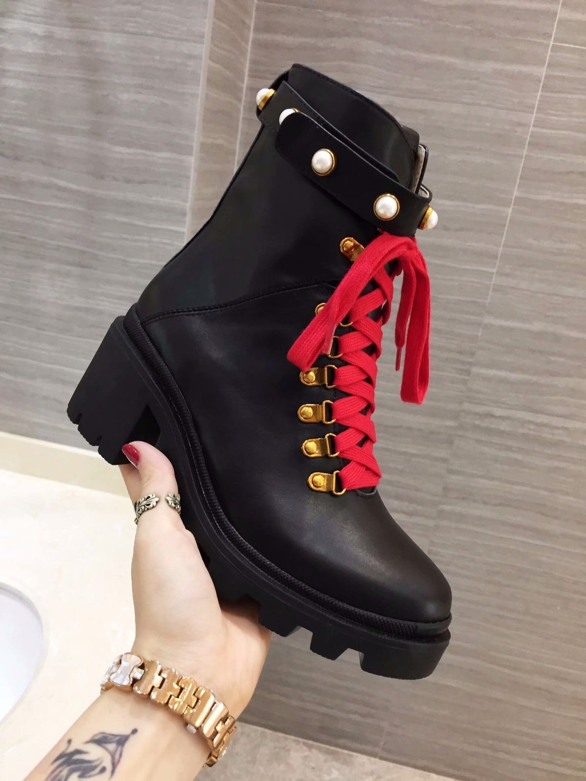 GG Ankle Heel Boots Pearl Black Calfskin