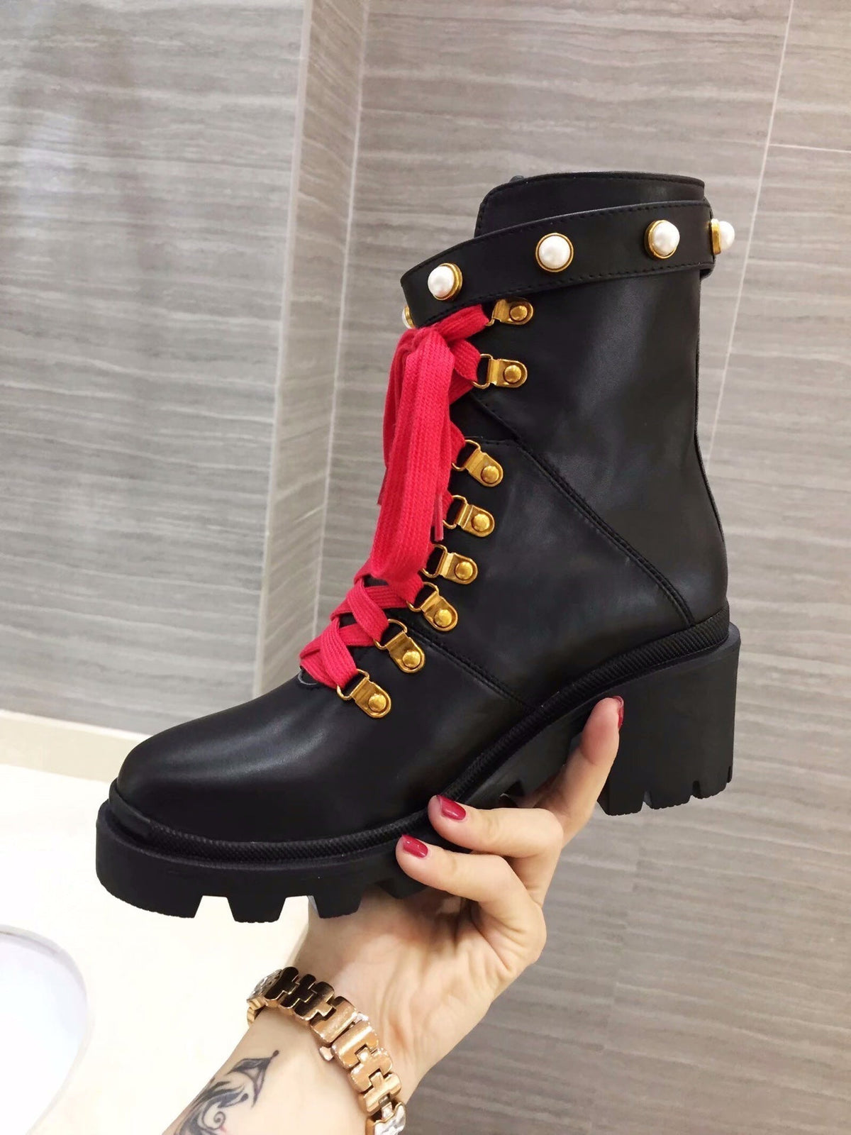 GG Ankle Heel Boots Pearl Black Calfskin