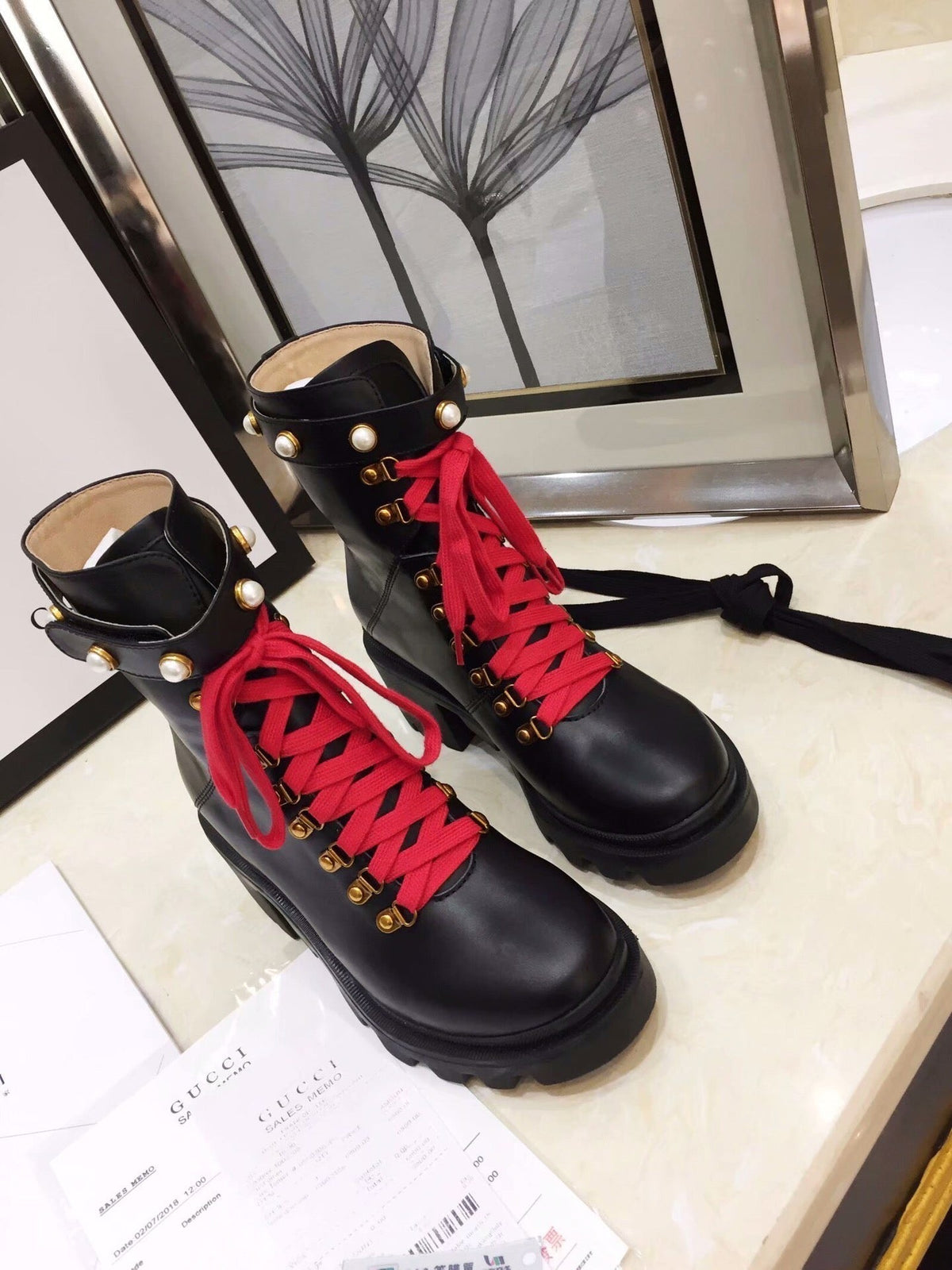 GG Ankle Heel Boots Pearl Black Calfskin