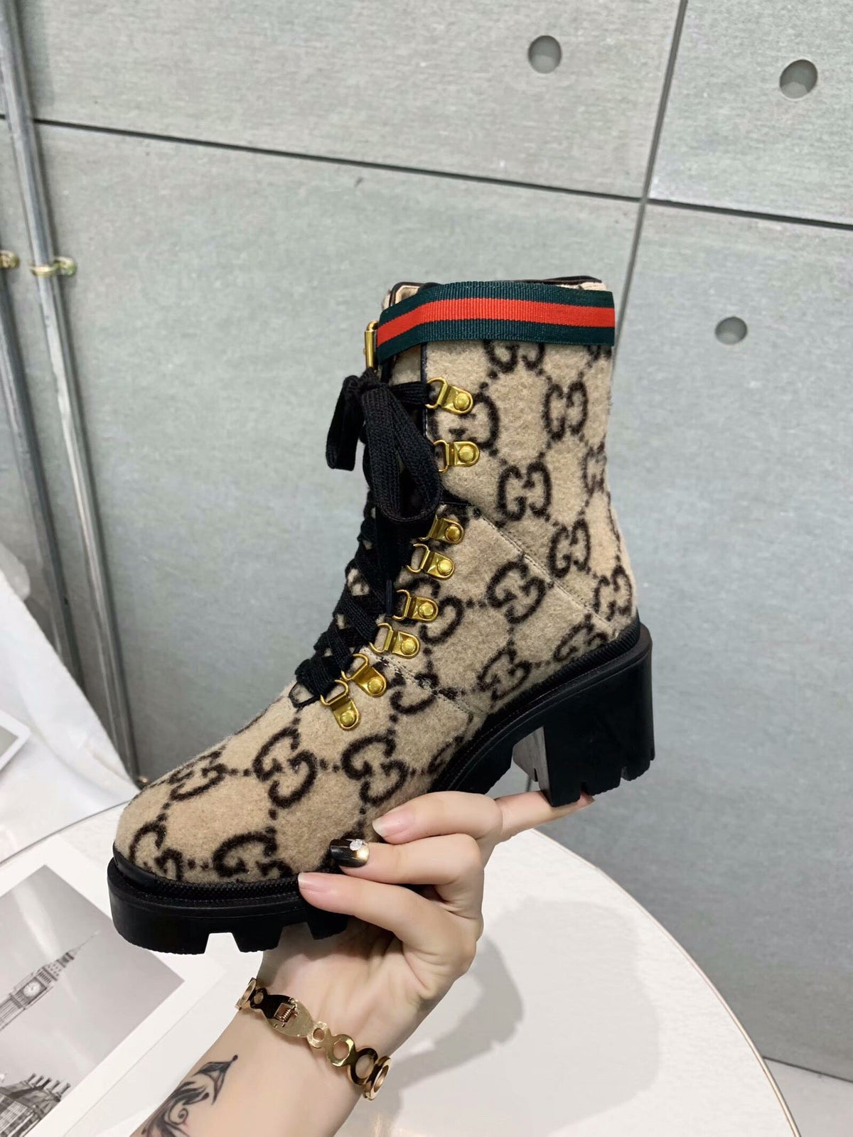 GG Ankle Heel Boots Beige Black Velvet