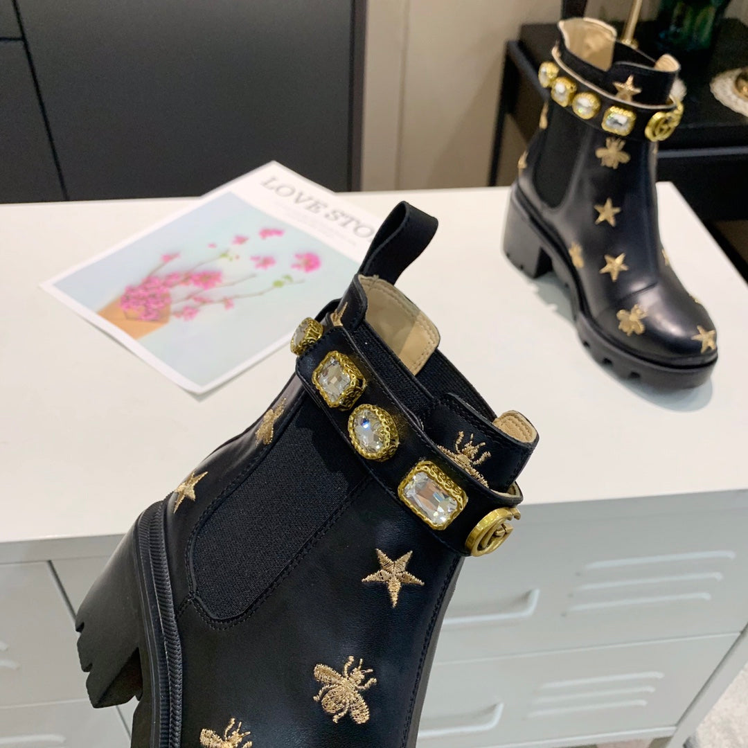 GG ankle boots star and bee black sheepskin with belt clearance