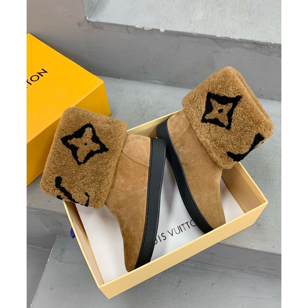 LV Snowdrop Flat Ankle Boot Brown Monogram Black Suede