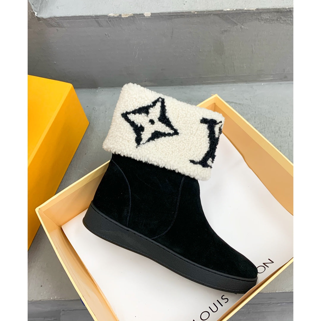 LV Snowdrop Flat Ankle Boot Black Mix White Monogram White Suede