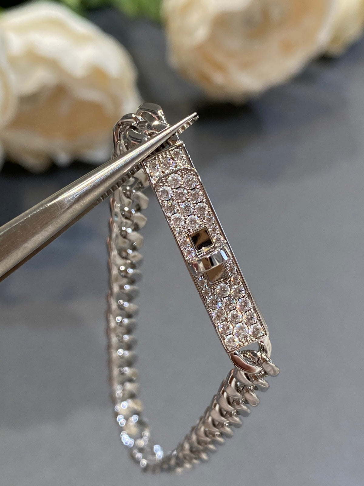 H Kelly Gourmette Sliver Diamond Bracelet