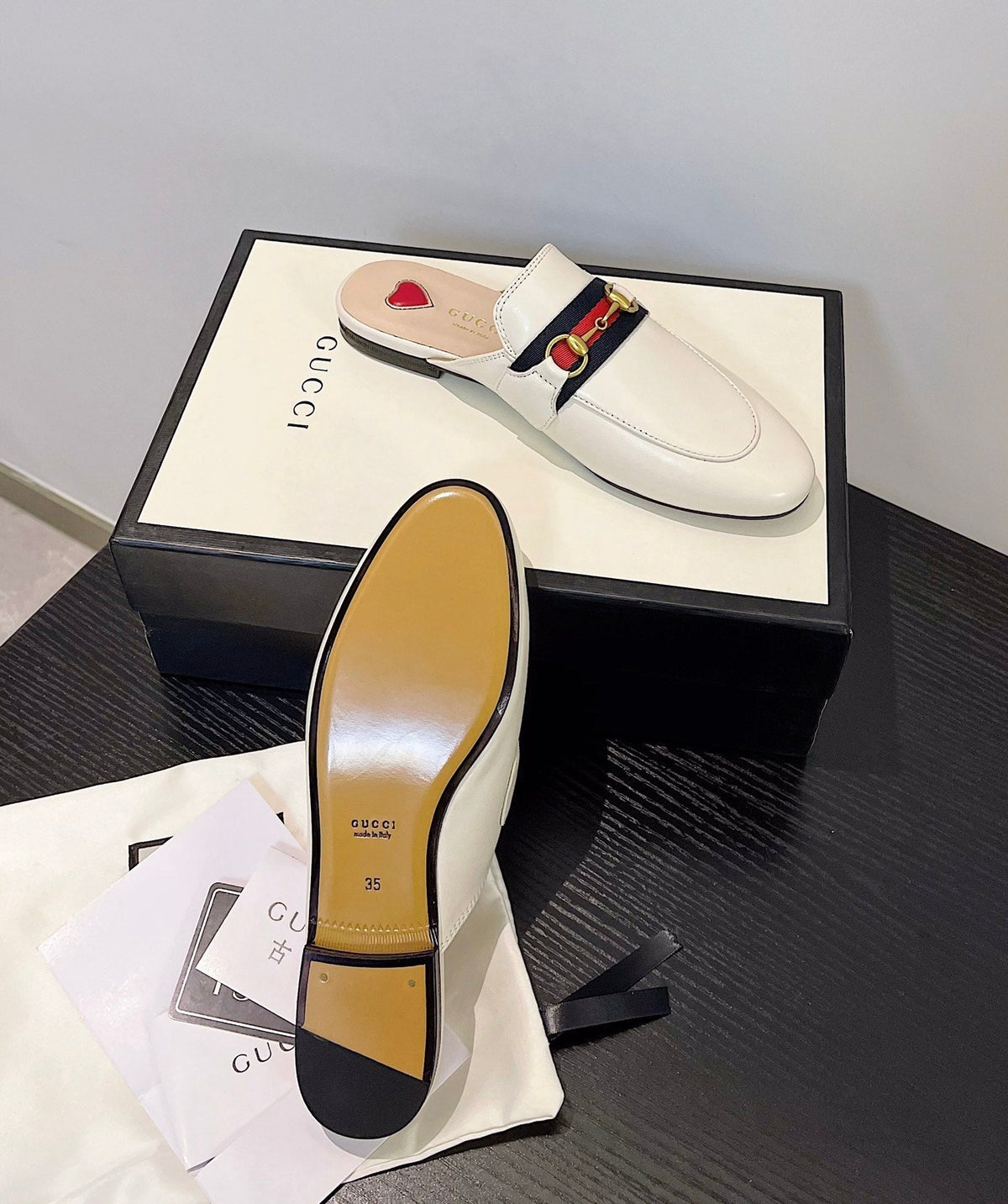 gg loafer cream calfskin black red canvas