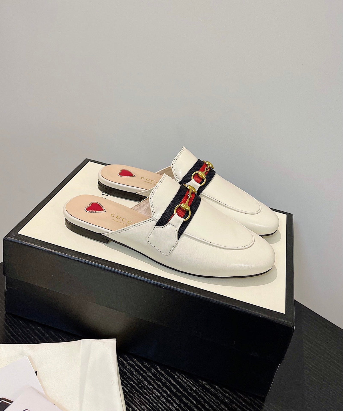 gg loafer cream calfskin black red canvas
