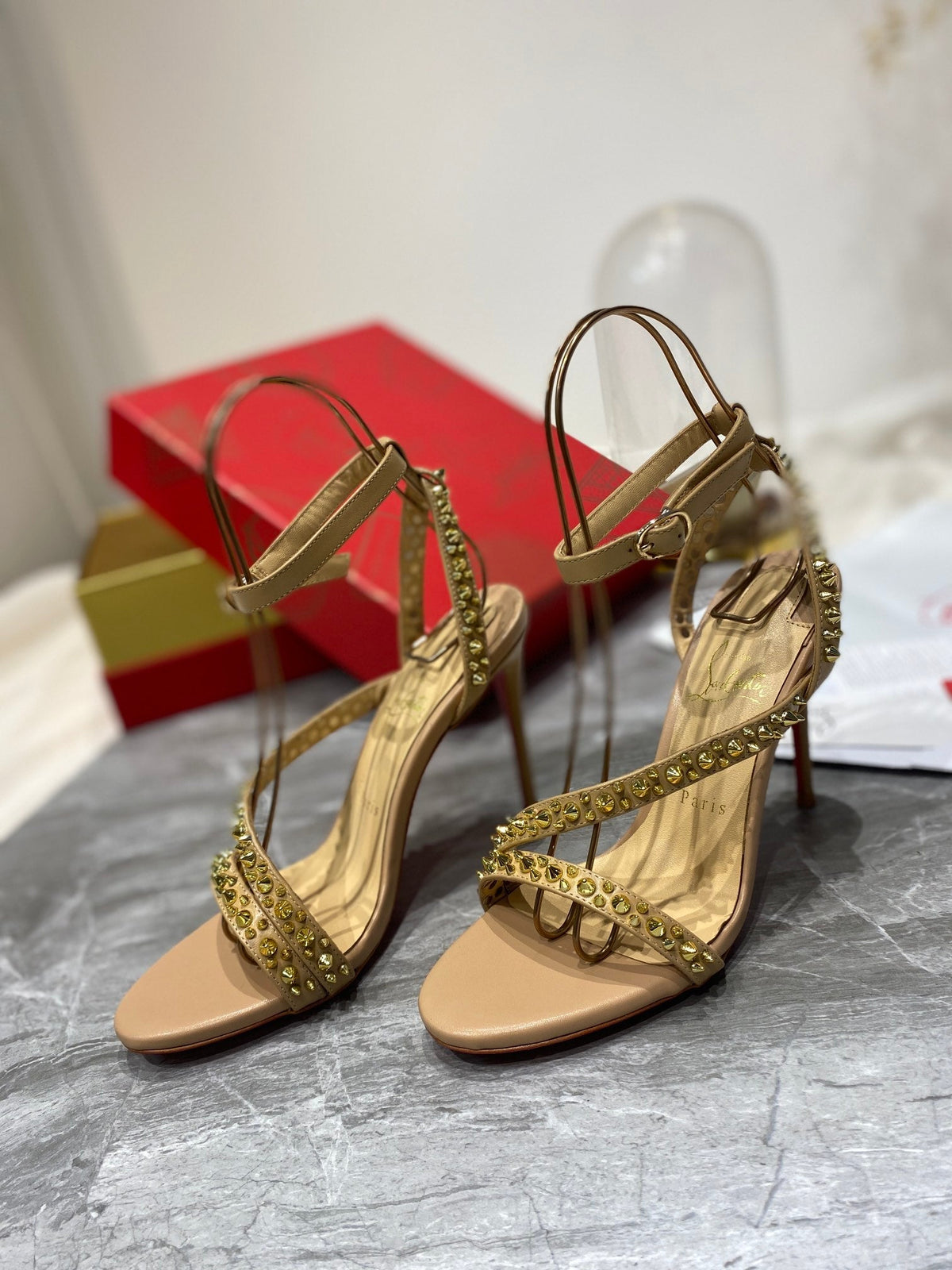 CL Spiked Sandals Nude Sheepskin Alloy Steel 346024